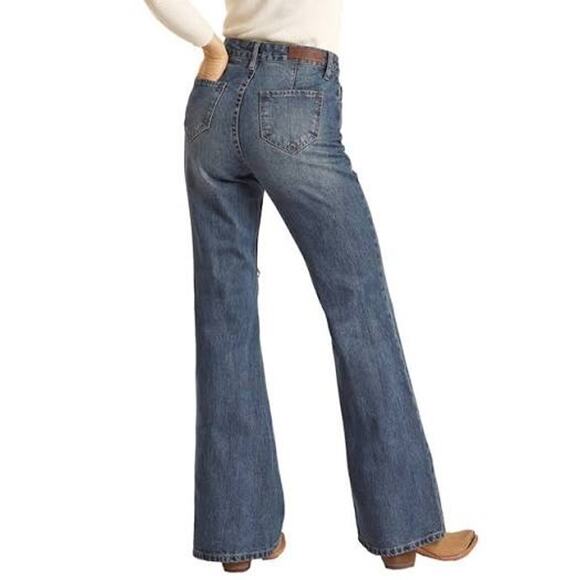 Rock & Roll Cowgirl High Rise Palazzo Flare Jeans Dark Wash Slit Hem - Size 27 - Picture 1 of 11